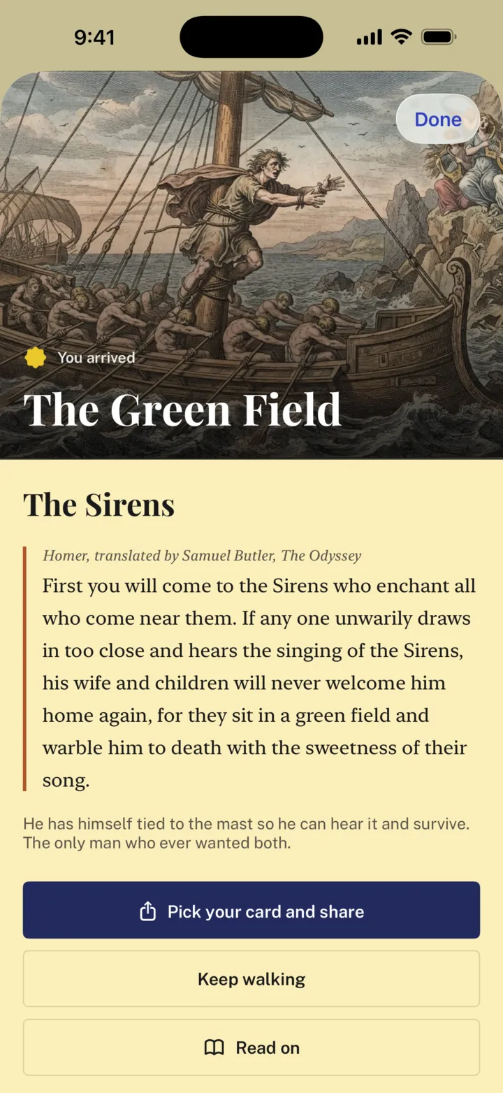 Arrival screen: the hand-tinted plate of Odysseus's ship passing the Sirens, headed 'You arrived · The Green Field', with the passage from the Odyssey below
