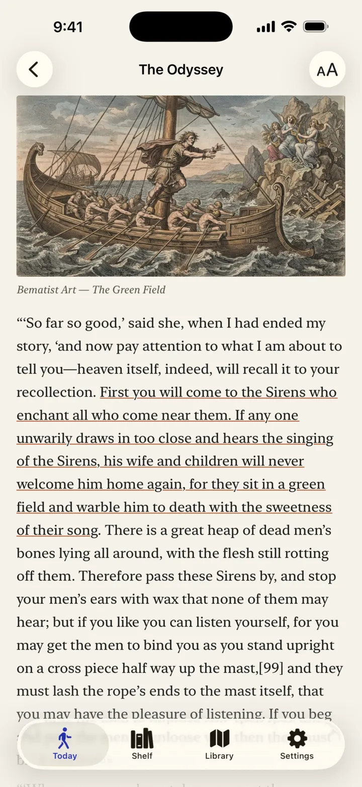 The in-app reader at the Sirens: the plate set into the page and the quoted passage underlined in the full text of the Odyssey