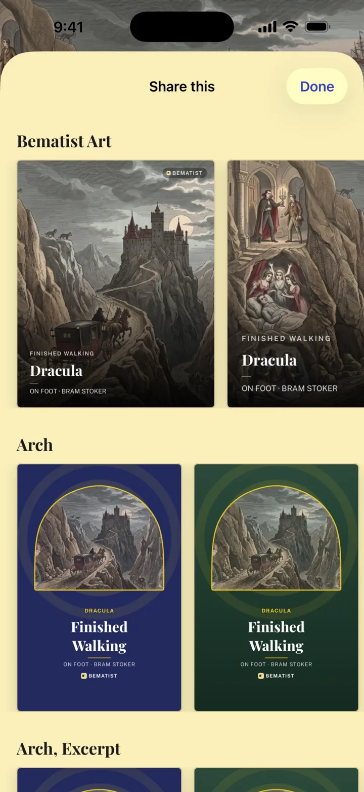The share card picker for a finished walk of Dracula, with several card designs to choose from