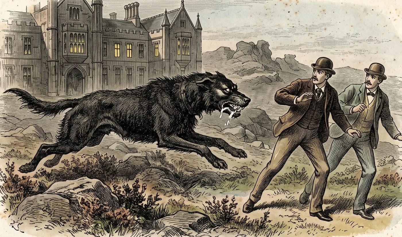 The cover plate for The Hound of the Baskervilles in Bematist, a hand-tinted engraving