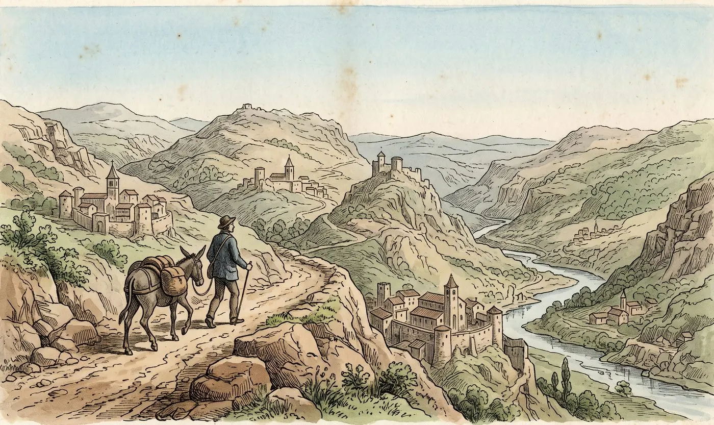 The cover plate for Travels with a Donkey in Bematist, a hand-tinted engraving