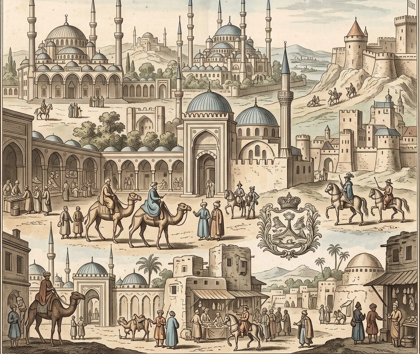 The cover plate for The Travels of Evliya Çelebi in Bematist, a hand-tinted engraving