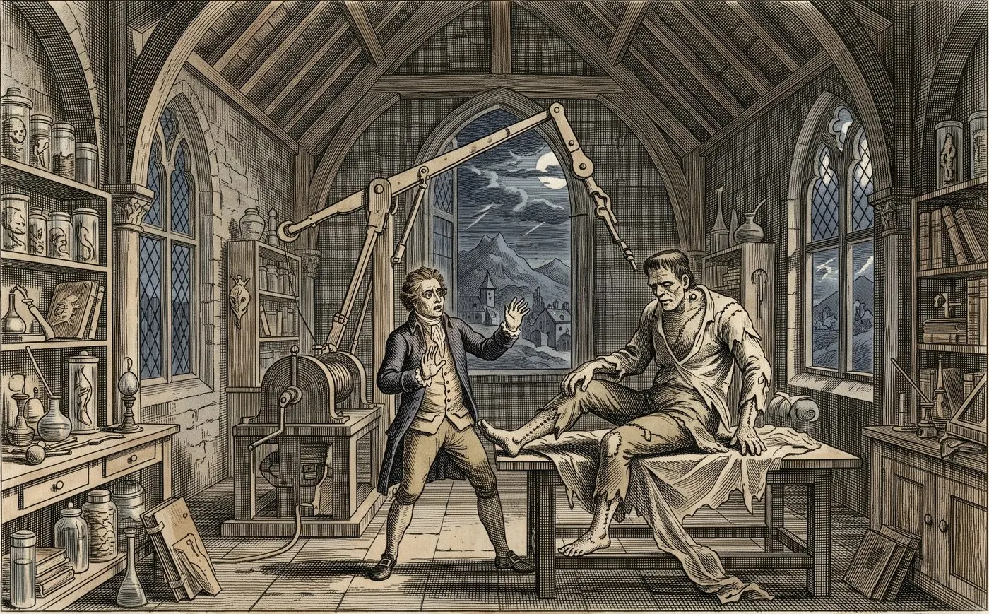 The cover plate for Frankenstein in Bematist, a hand-tinted engraving