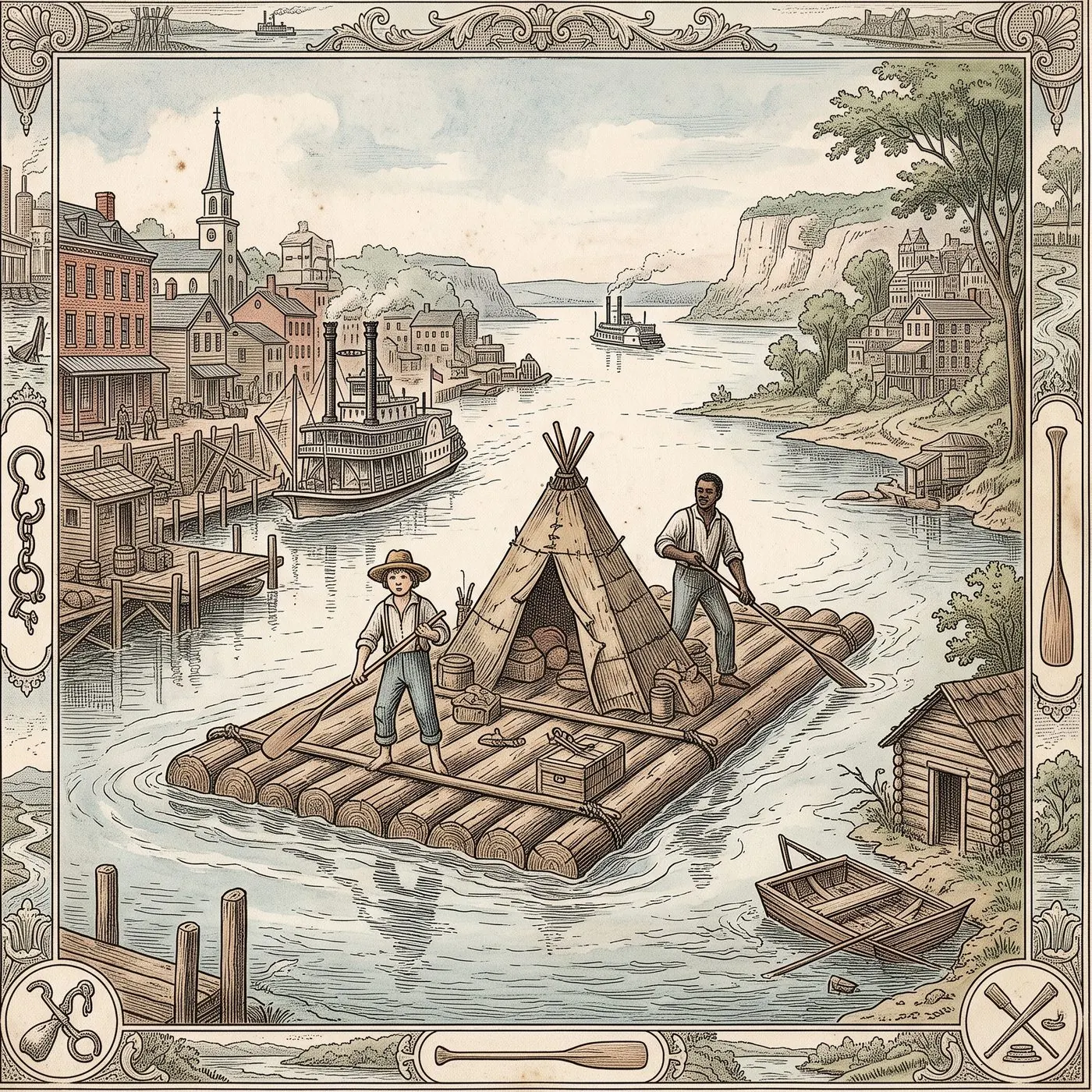 The cover plate for Adventures of Huckleberry Finn in Bematist, a hand-tinted engraving