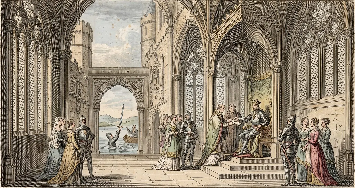 The cover plate for Le Morte d'Arthur in Bematist, a hand-tinted engraving