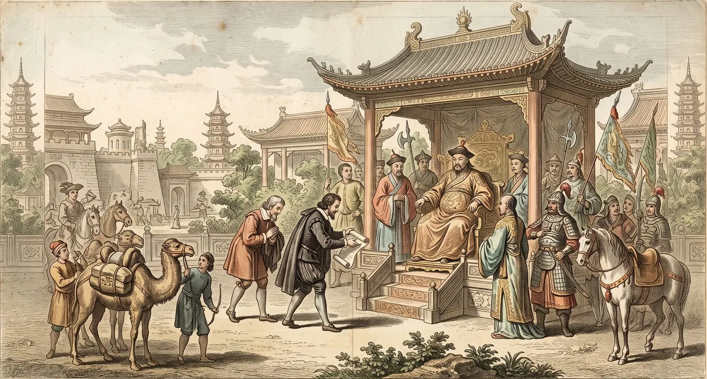 The cover plate for The Travels of Marco Polo in Bematist, a hand-tinted engraving