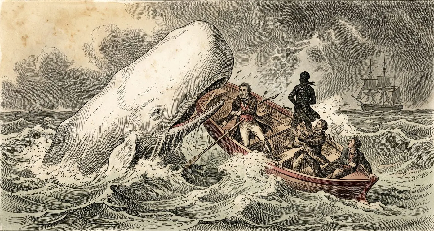 The cover plate for Moby-Dick in Bematist, a hand-tinted engraving