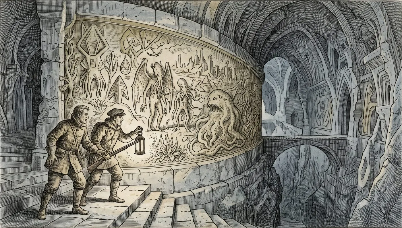 The cover plate for At the Mountains of Madness in Bematist, a hand-tinted engraving