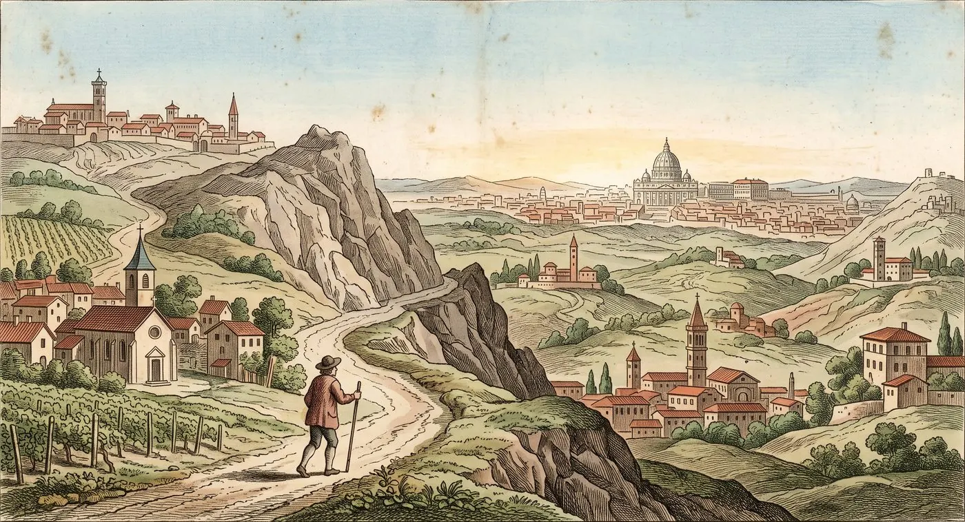 The cover plate for The Path to Rome in Bematist, a hand-tinted engraving