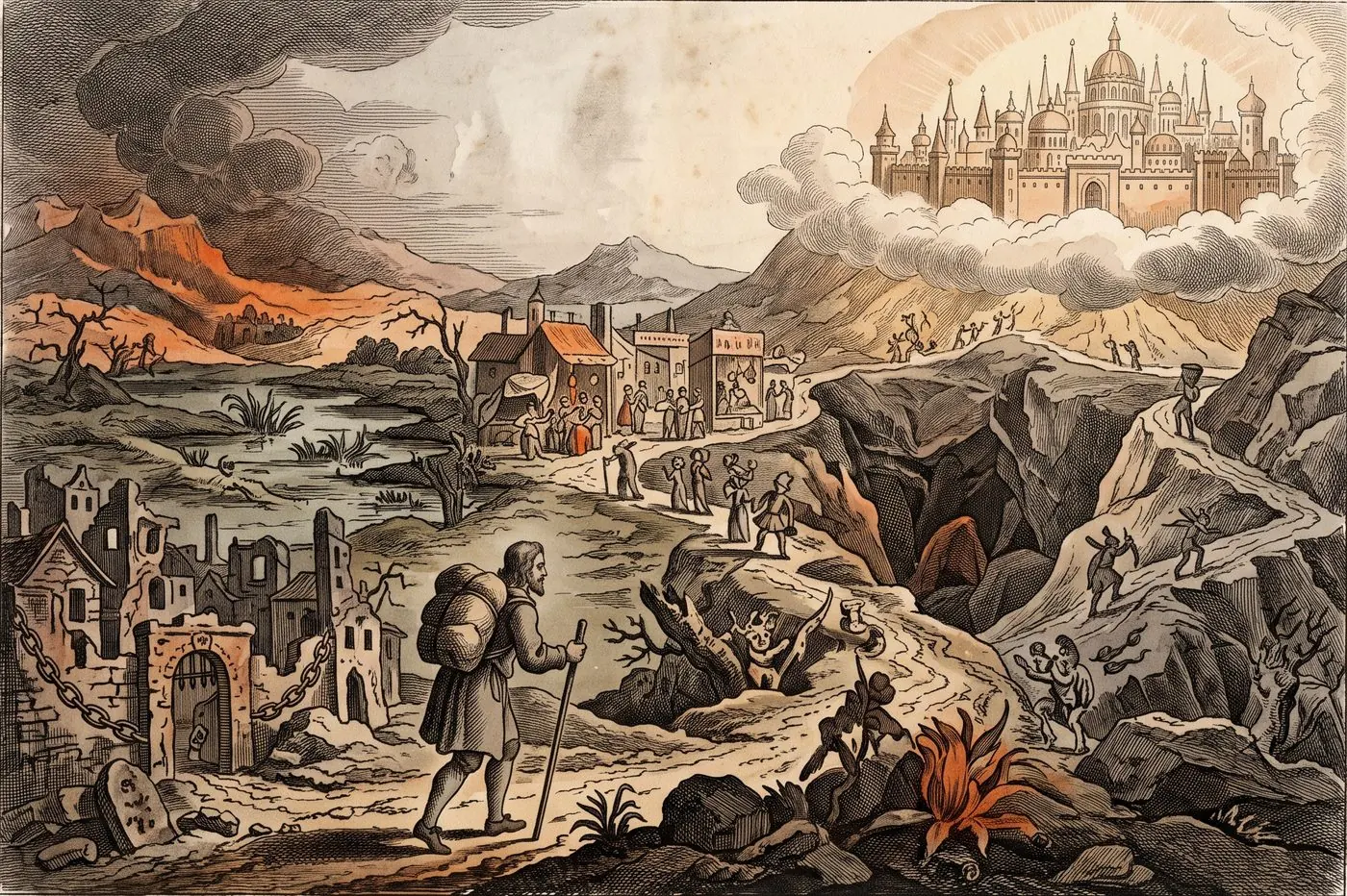 The cover plate for The Pilgrim’s Progress in Bematist, a hand-tinted engraving