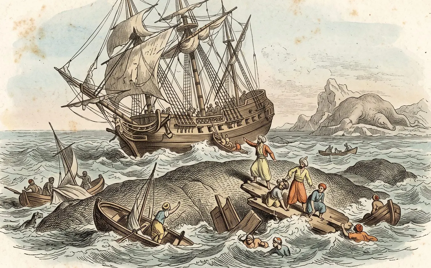 The cover plate for The Voyages of Sindbad in Bematist, a hand-tinted engraving