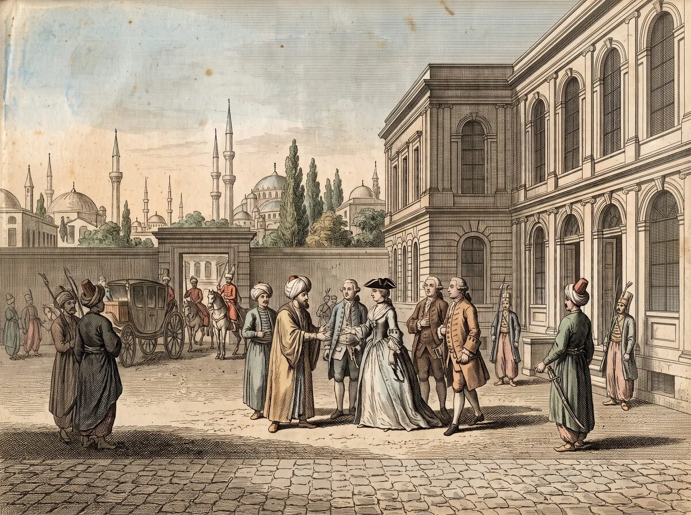 The cover plate for The Turkish Embassy Letters in Bematist, a hand-tinted engraving