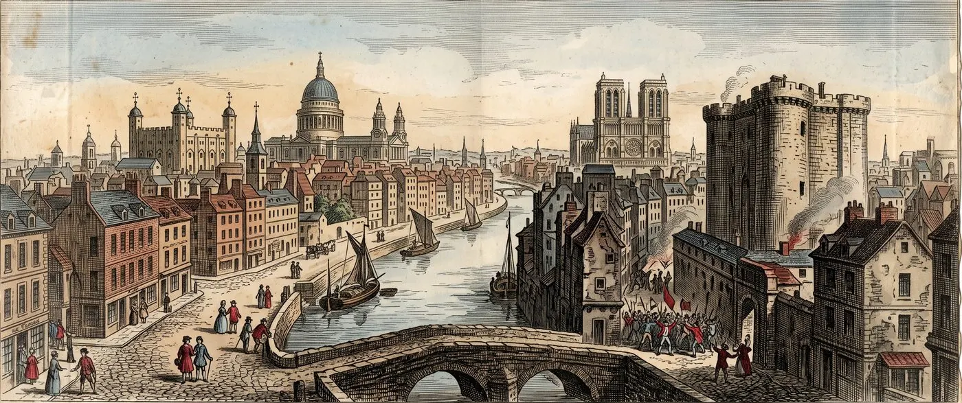 The cover plate for A Tale of Two Cities in Bematist, a hand-tinted engraving