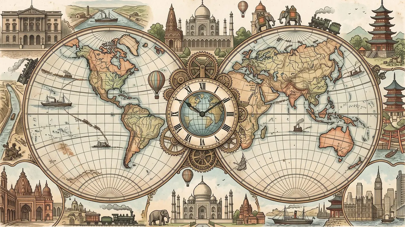 The cover plate for Around the World in Eighty Days in Bematist, a hand-tinted engraving