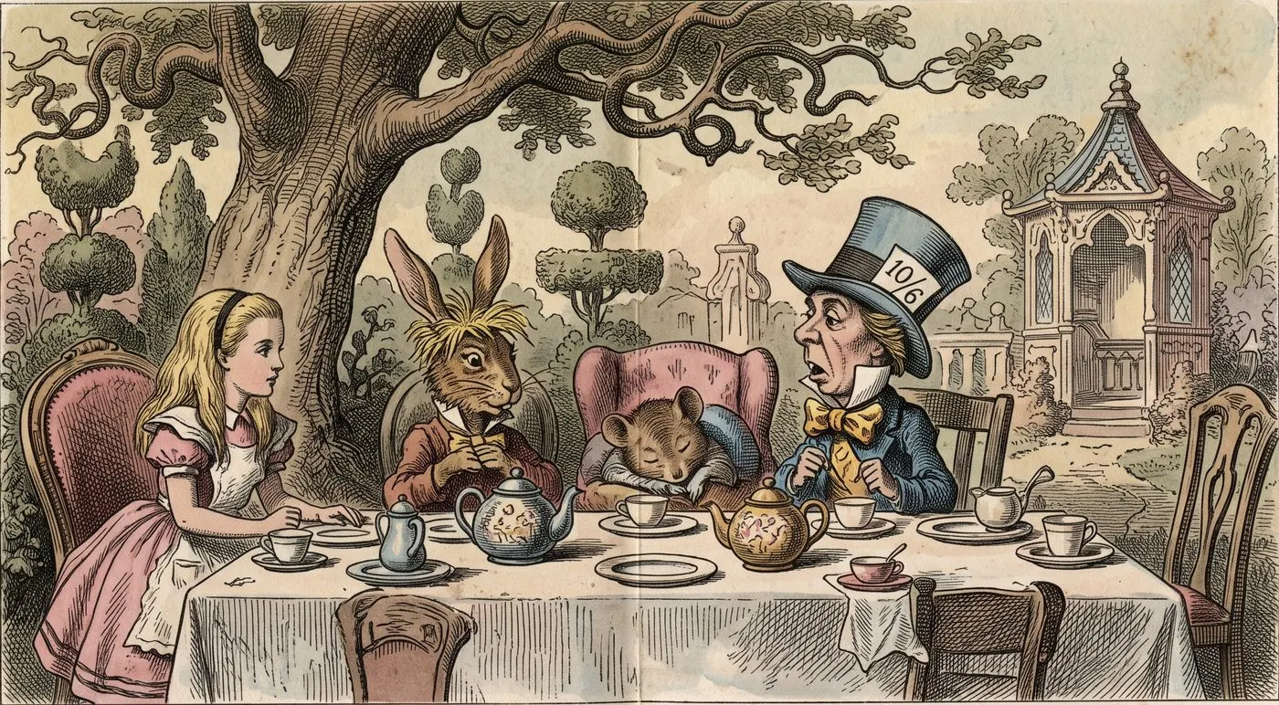 The cover plate for Alice's Adventures in Wonderland in Bematist, a hand-tinted engraving